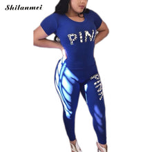 Load image into Gallery viewer, Sexy Bodycon Tracksuit Women Casual Two Piece Set Short Seeve Pink Letter Printed Tshirts + Long Pants Suit Outfits Matching Set