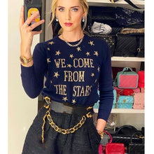 Load image into Gallery viewer, Cosmicchic Women Stars Pullovers 100% Wool Long Sleeve Knitted Sweater Gold Star Letter Pattern Jumpers Navy Blue Soft Knitwear
