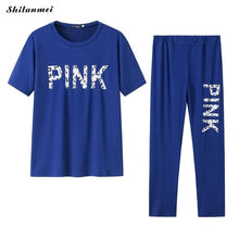 Load image into Gallery viewer, Sexy Bodycon Tracksuit Women Casual Two Piece Set Short Seeve Pink Letter Printed Tshirts + Long Pants Suit Outfits Matching Set
