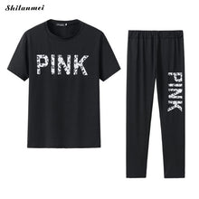 Load image into Gallery viewer, Sexy Bodycon Tracksuit Women Casual Two Piece Set Short Seeve Pink Letter Printed Tshirts + Long Pants Suit Outfits Matching Set
