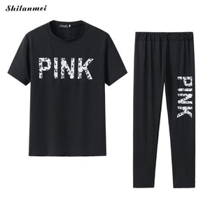 Sexy Bodycon Tracksuit Women Casual Two Piece Set Short Seeve Pink Letter Printed Tshirts + Long Pants Suit Outfits Matching Set